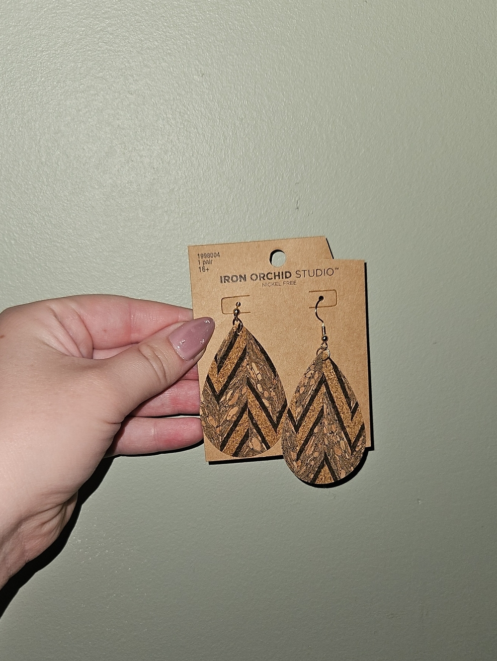 Brown Cork Chevron Teardrop Earrings